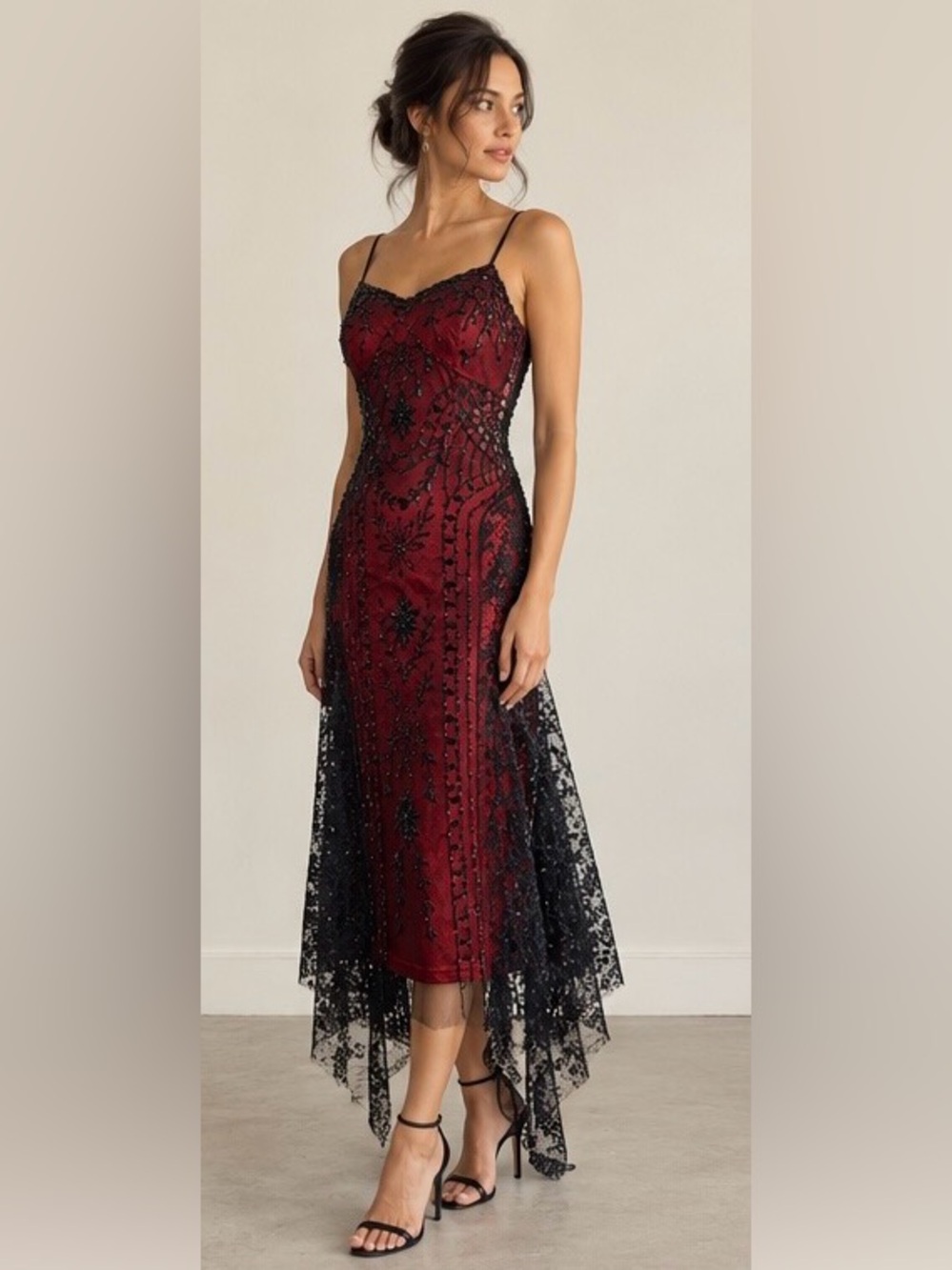Vintage Caché Black Lace Beaded Mesh Red Slip Dress - Whimsigoth  Women’s Sz 8 - Picture 7 of 15